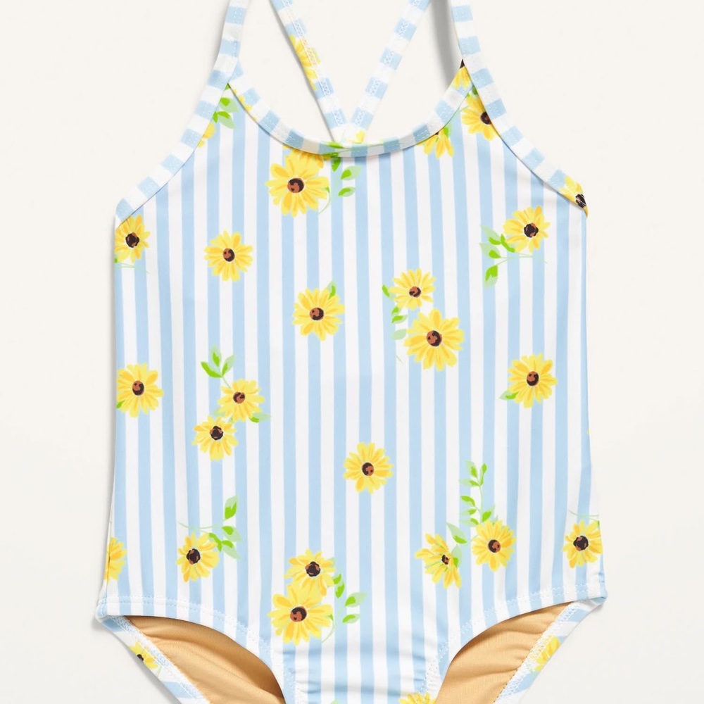 Blue striped one piece swimsuit with yellow flowers